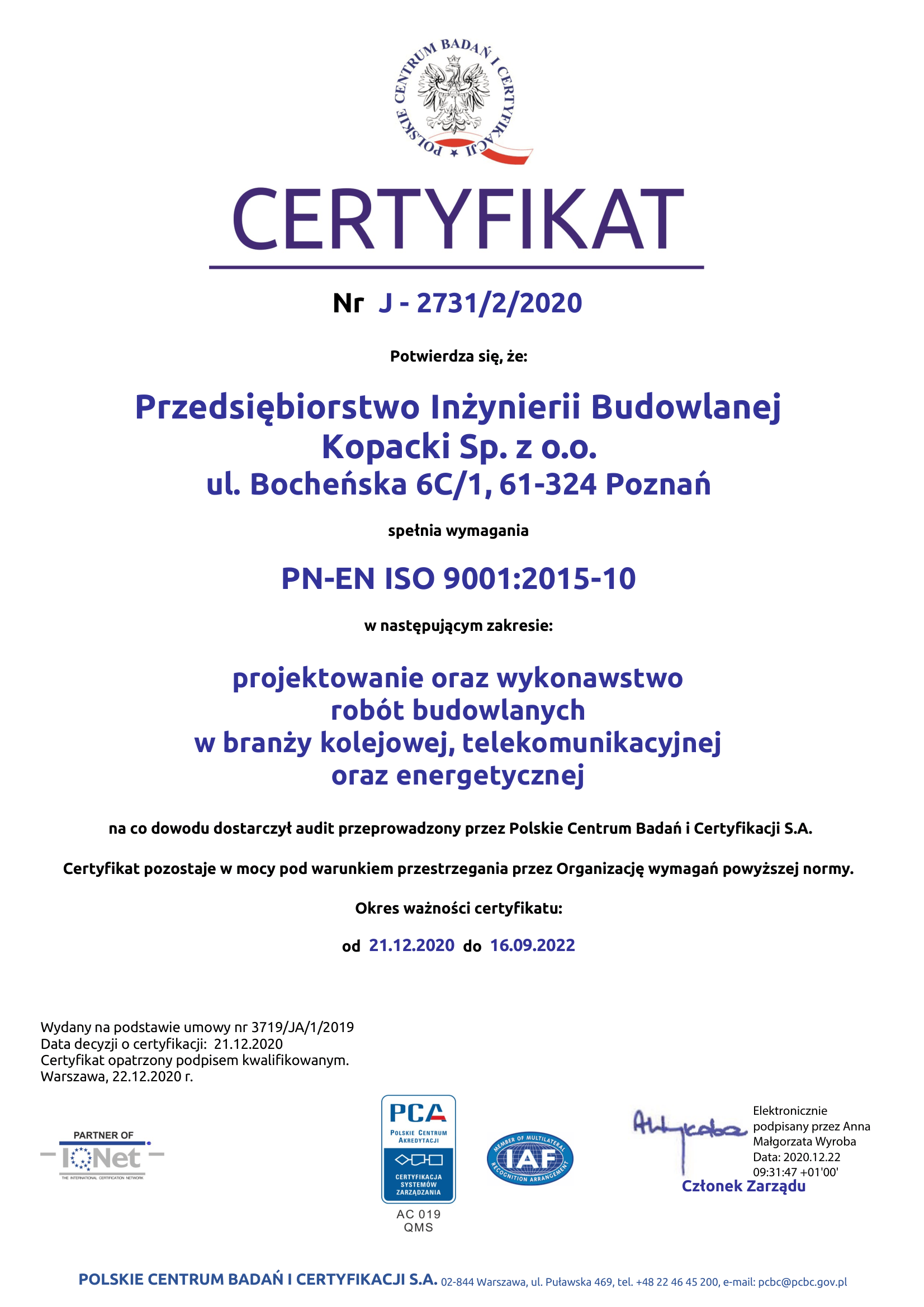 Certyfikat PN-EN ISO 9001:2015
